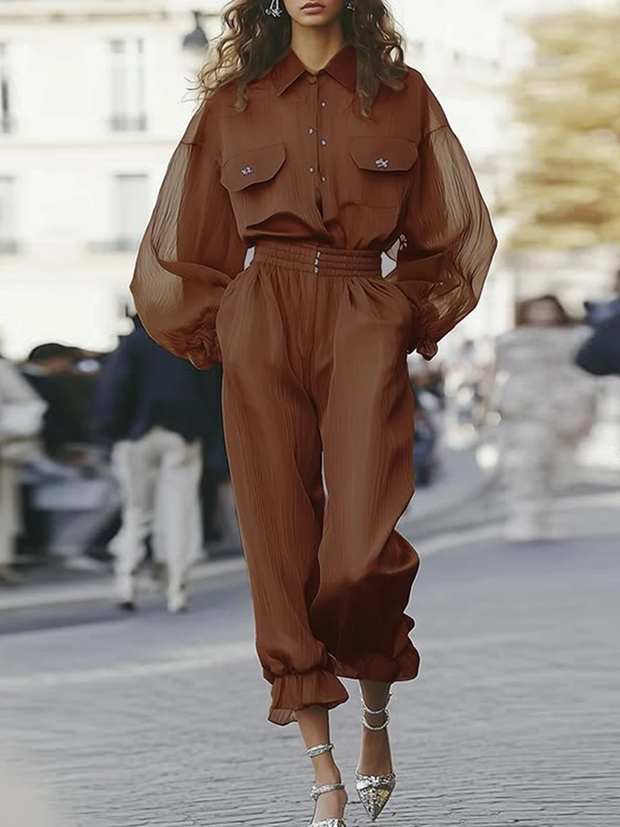 Lapel Long Sleeves Sheer Spliced Button High Waist Pant Set