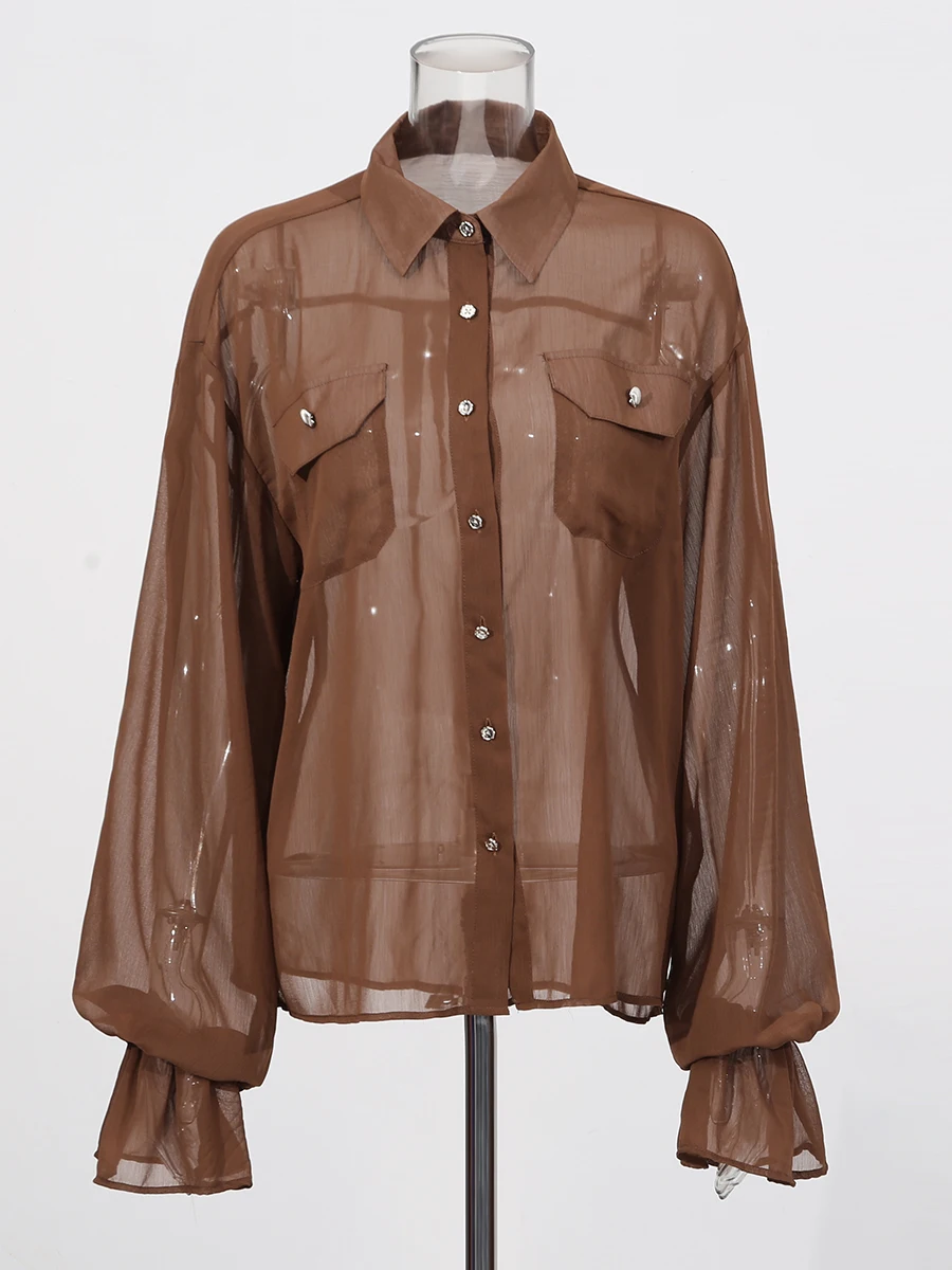 Lapel Long Sleeves Sheer Spliced Button High Waist Pant Set - Image 3