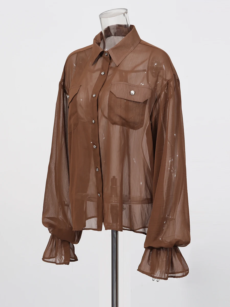 Lapel Long Sleeves Sheer Spliced Button High Waist Pant Set - Image 4