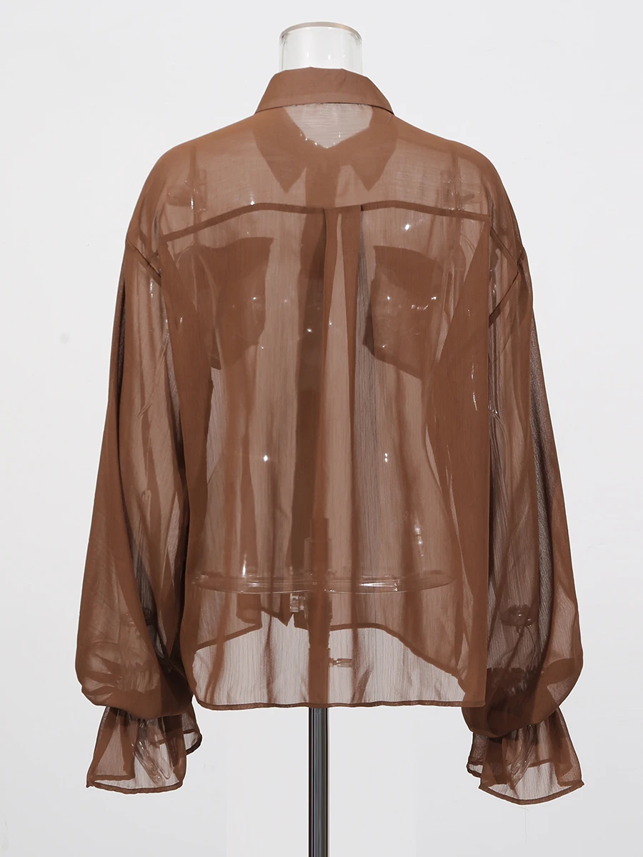 Lapel Long Sleeves Sheer Spliced Button High Waist Pant Set - Image 5