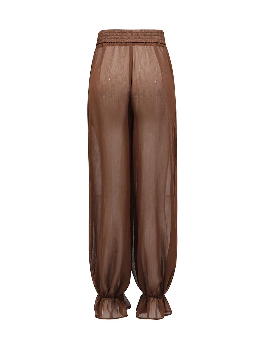 Lapel Long Sleeves Sheer Spliced Button High Waist Pant Set - Image 8