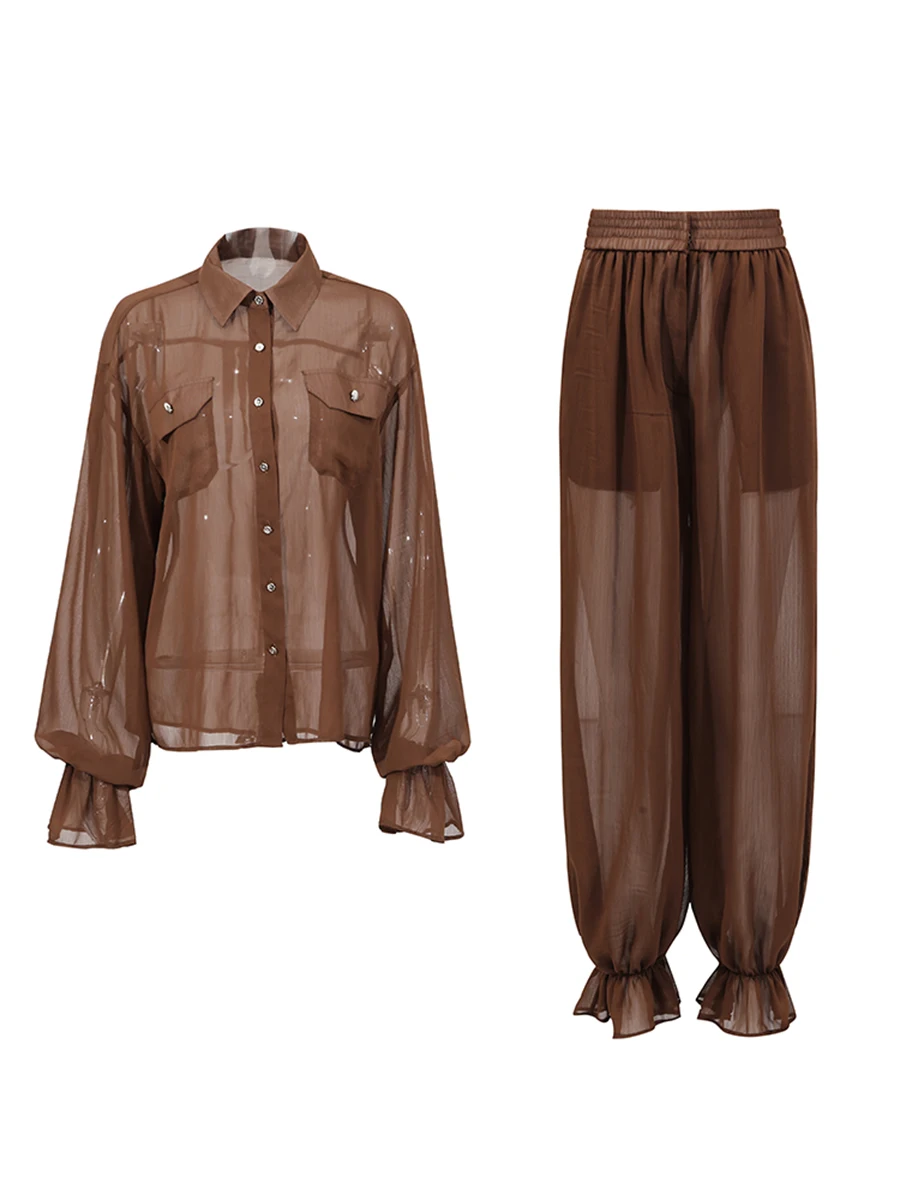 Lapel Long Sleeves Sheer Spliced Button High Waist Pant Set - Image 2