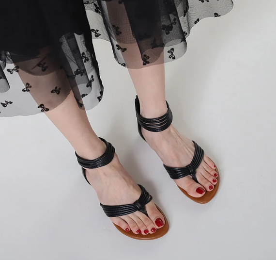 Formal Leather Strap Large Size Gladiator Low Heel Sandals - Image 5