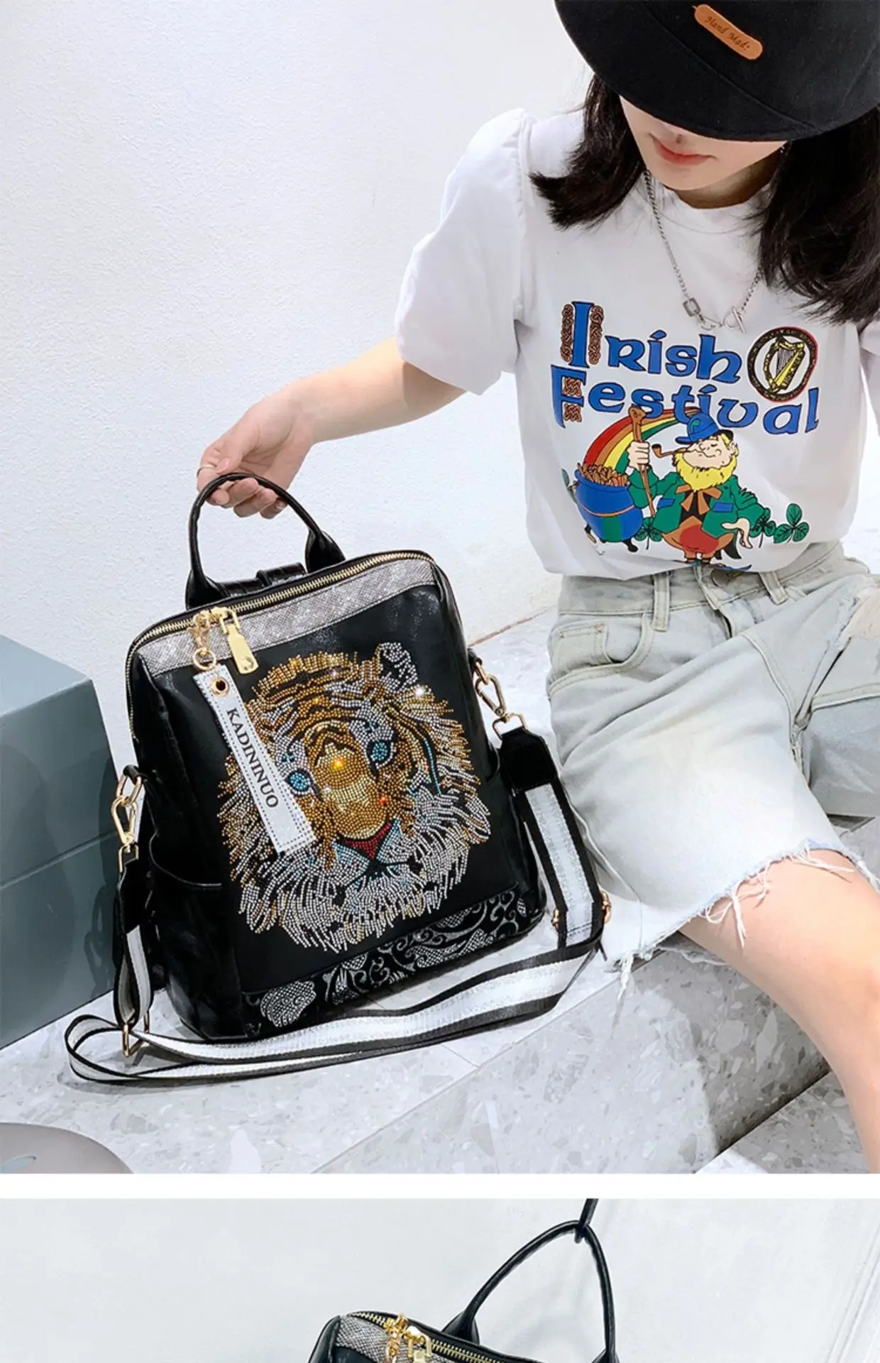 Luxury Animal Prints High Quality Soft Leather Teenager Sequins Travel Backpacks - Image 2