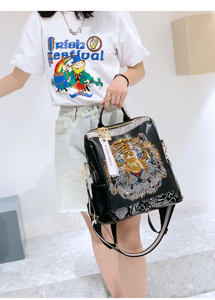 Luxury Animal Prints High Quality Soft Leather Teenager Sequins Travel Backpacks - Image 3