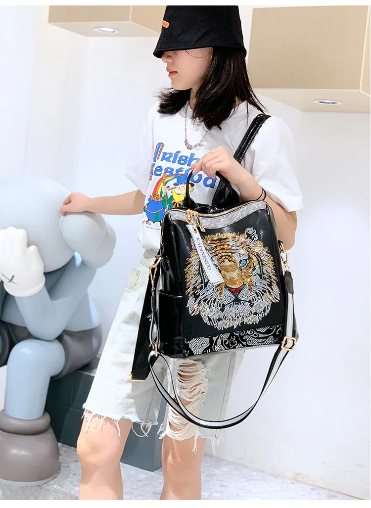 Luxury Animal Prints High Quality Soft Leather Teenager Sequins Travel Backpacks - Image 4