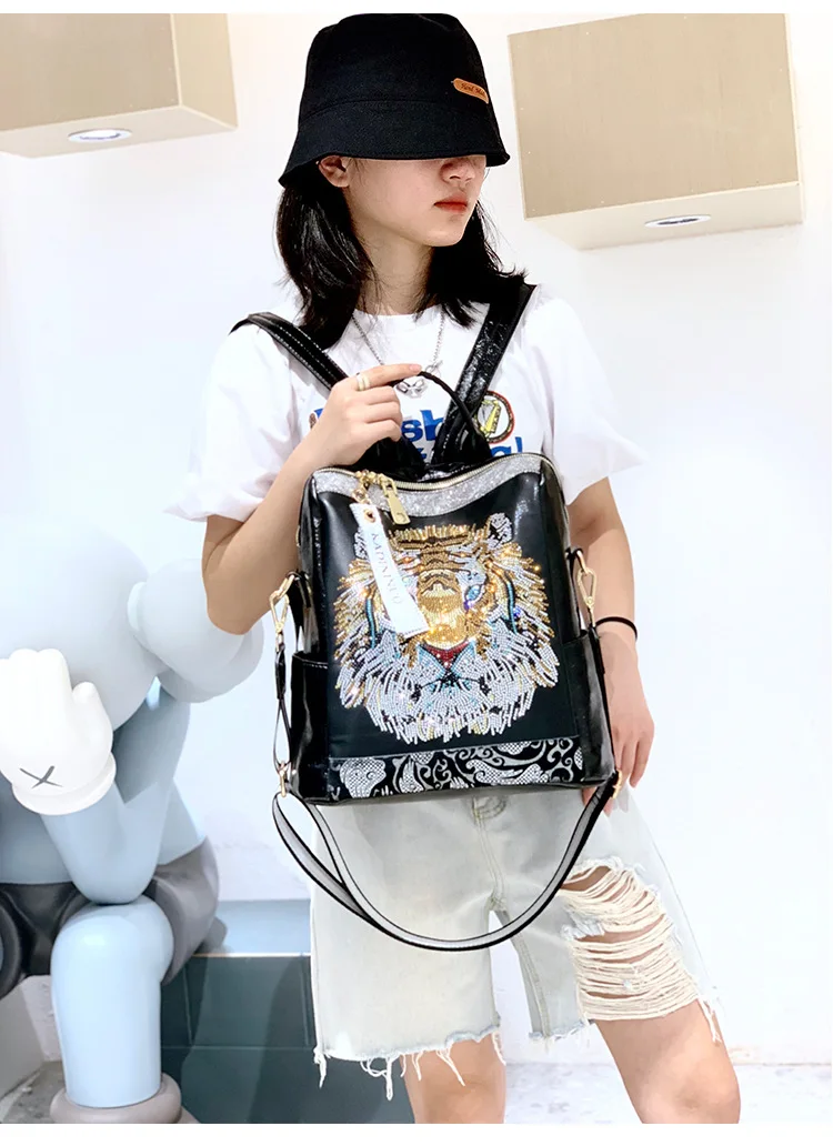 Luxury Animal Prints High Quality Soft Leather Teenager Sequins Travel Backpacks - Image 7