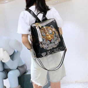 Luxury Animal Prints High Quality Soft Leather Teenager Sequins Travel Backpacks
