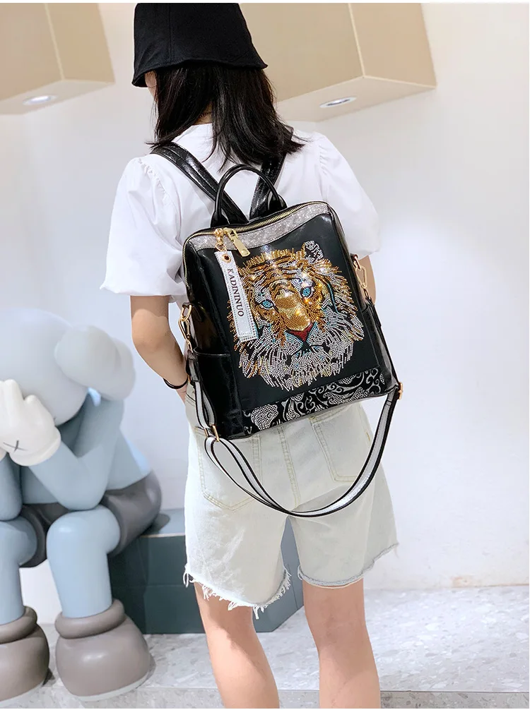 Luxury Animal Prints High Quality Soft Leather Teenager Sequins Travel Backpacks