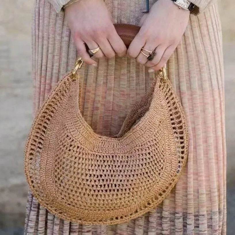 Luxury Designer Beach Straw Woven Sequined Handle Underarm Shoulder Handbag - Image 4