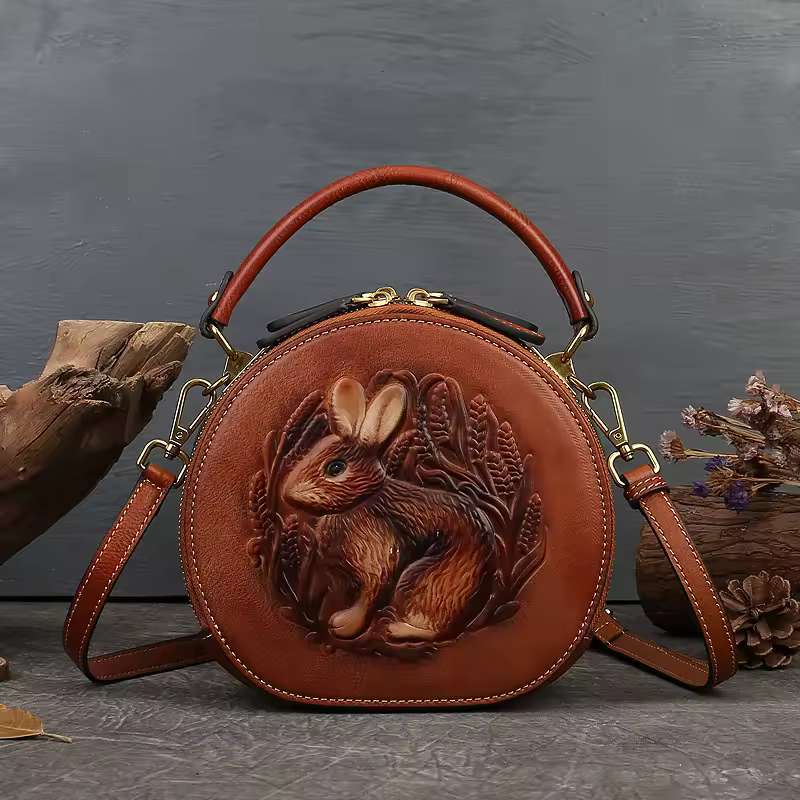 Luxury Designer Rabbit Retro Round Genuine Leather Embossed Shoulder Messenger Handbags