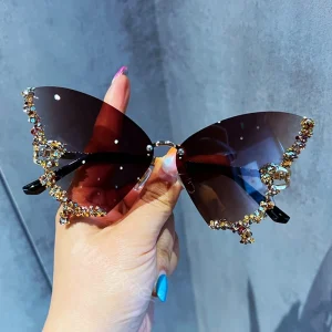Luxury Diamond Butterfly Vintage Rimless Oversized Sun Sunglasses