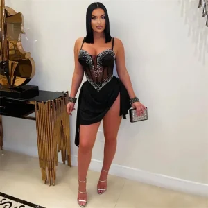 Luxury Diamonds Side Slit Ruched Night Club Party Short Dresses