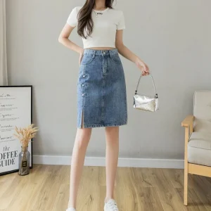 Luxury Elegant Chic Knees Length With Slit High Waist Streetwear Denim Skirt