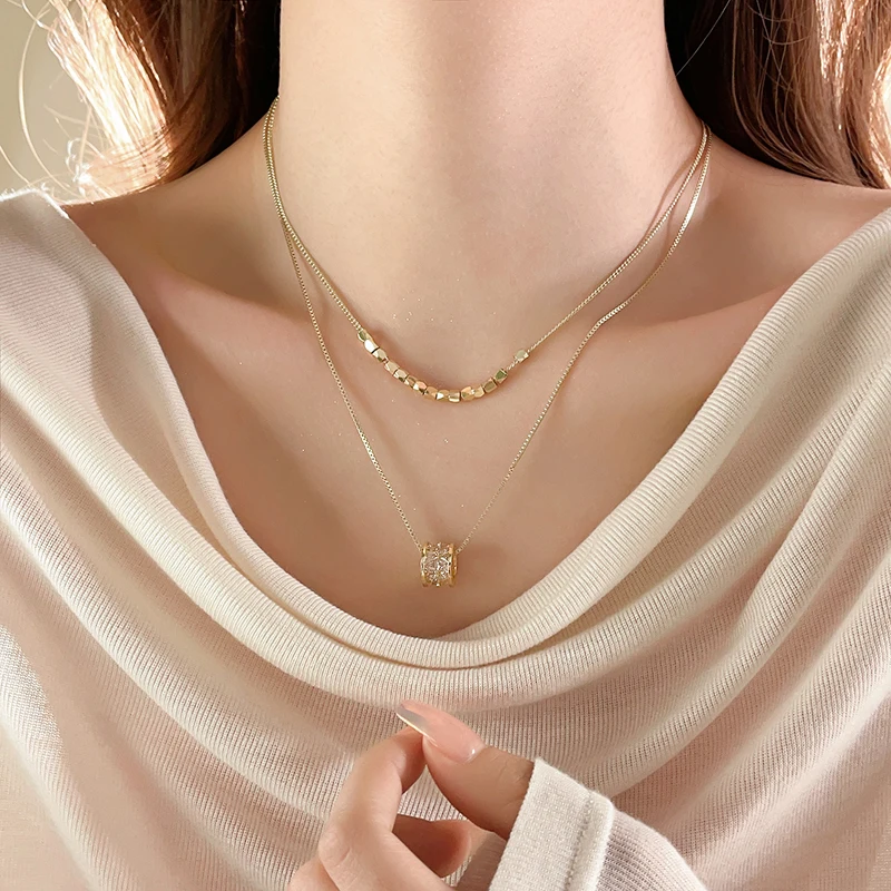 Luxury Geometric Stainless Steel Double layered Chain Zircon Pendant Neckchain Necklace