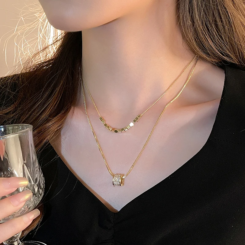 Luxury Geometric Stainless Steel Double layered Chain Zircon Pendant Neckchain Necklace - Image 2