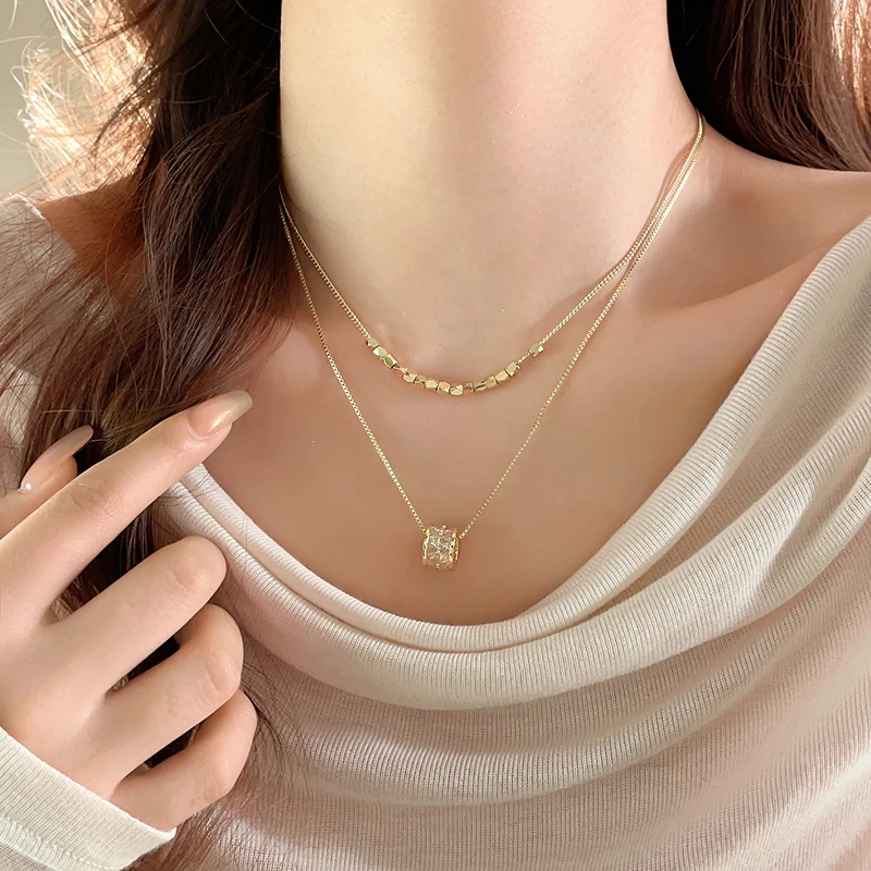 Luxury Geometric Stainless Steel Double layered Chain Zircon Pendant Neckchain Necklace - Image 3