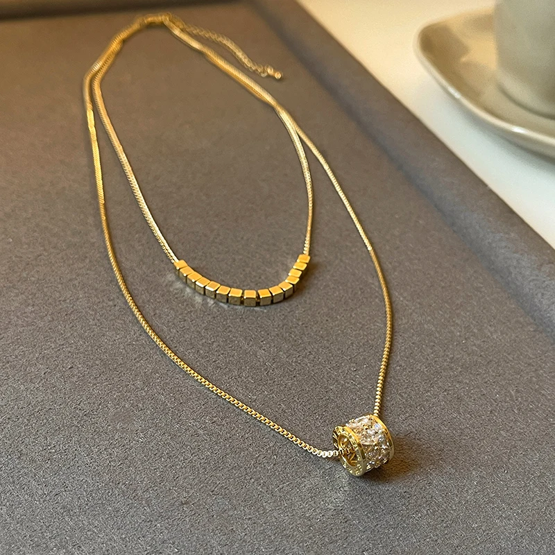 Luxury Geometric Stainless Steel Double layered Chain Zircon Pendant Neckchain Necklace - Image 6