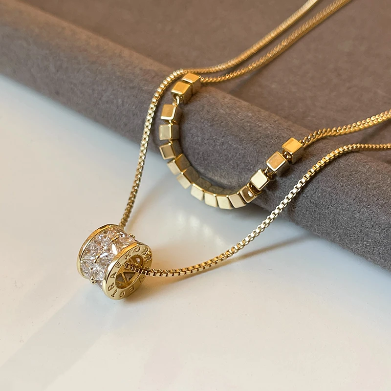 Luxury Geometric Stainless Steel Double layered Chain Zircon Pendant Neckchain Necklace - Image 7