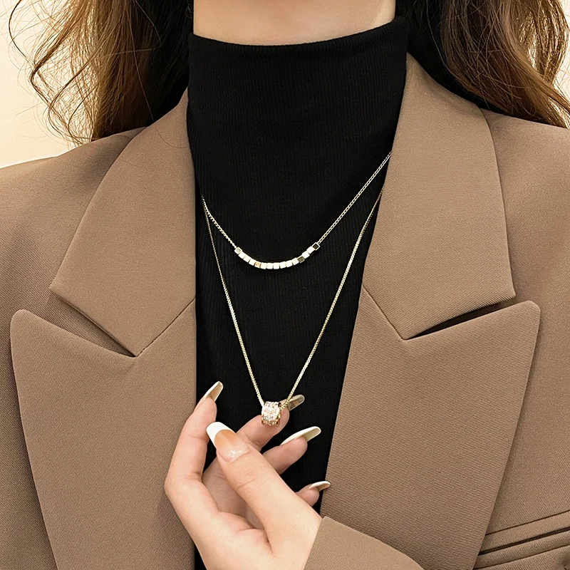 Luxury Geometric Stainless Steel Double layered Chain Zircon Pendant Neckchain Necklace - Image 5