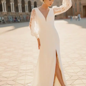 Luxury Train Ball Gown Long Sleeves Lace V-Neck Bridal Gowns