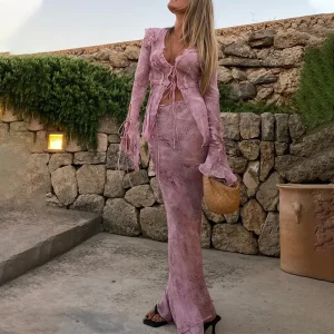 Mesh Sheer Long Sleeve Tie Front Blouse Shirts Maxi Skirt Matching Sets