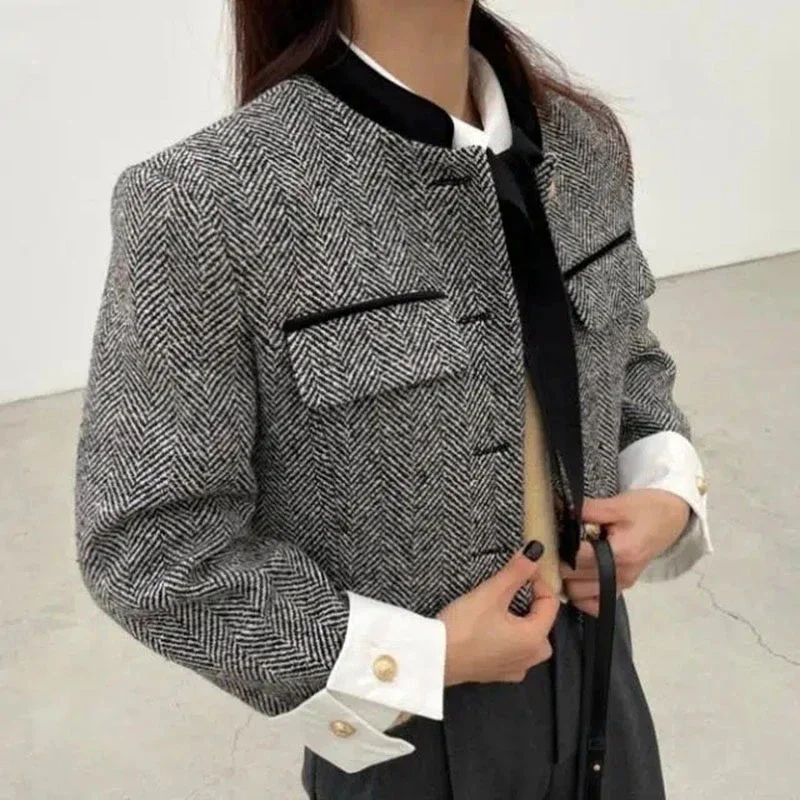 Metal Button Stand Collar Pockets Plaid Long Sleeve Cropped Jackets - Image 2