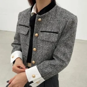 Metal Button Stand Collar Pockets Plaid Long Sleeve Cropped Jackets