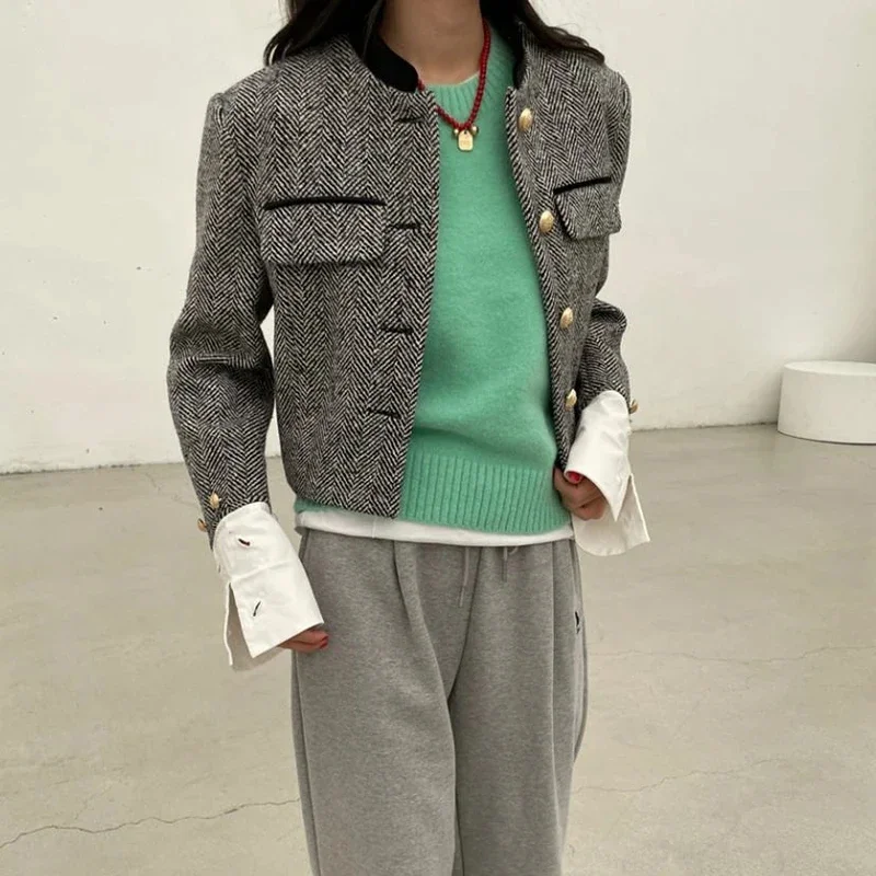 Metal Button Stand Collar Pockets Plaid Long Sleeve Cropped Jackets - Image 4