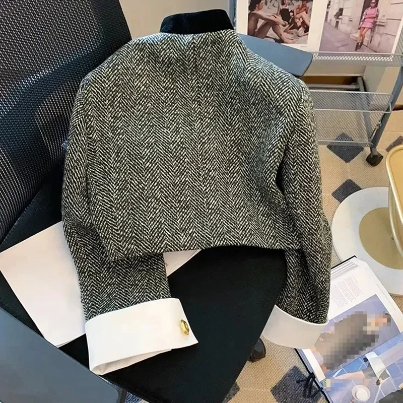 Metal Button Stand Collar Pockets Plaid Long Sleeve Cropped Jackets - Image 8