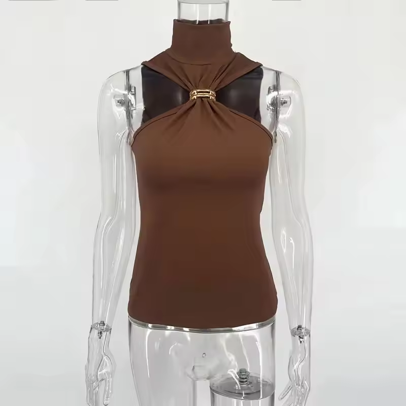Metal Ring Solid Sleeveless Patchwork Vacation Slim Party Elegant Top - Image 22