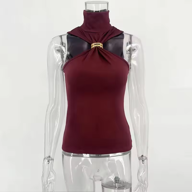 Metal Ring Solid Sleeveless Patchwork Vacation Slim Party Elegant Top - Image 21