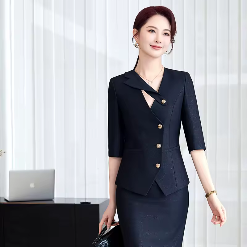 Office Style Hidden Breasted Blazer And Skirt Sets 2 Piece Suit - Image 4