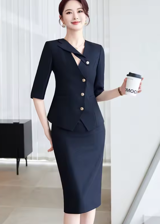 Office Style Hidden Breasted Blazer And Skirt Sets 2 Piece Suit - Image 3