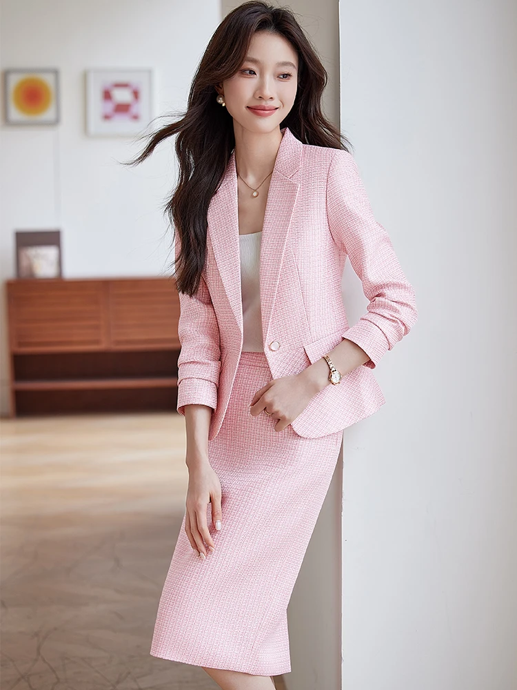 Office Style Sheath Full Sleeve Hidden Breasted Blazer Skirt 2 Piece Suit - Image 5
