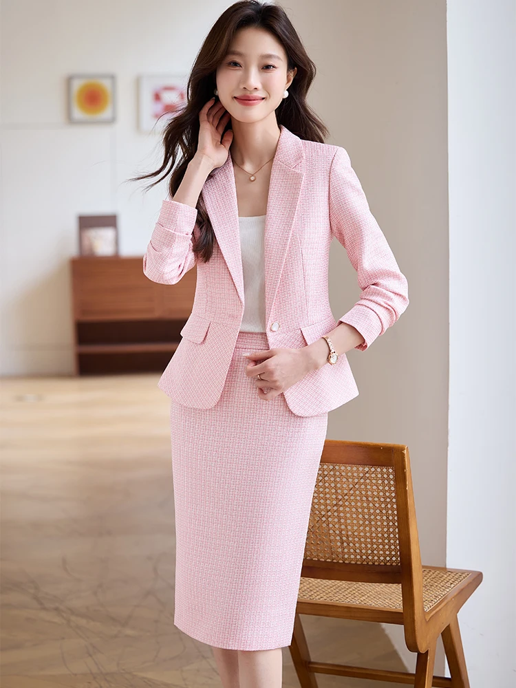 Office Style Sheath Full Sleeve Hidden Breasted Blazer Skirt 2 Piece Suit - Image 4