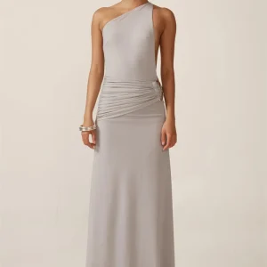 One Shoulder Backless Metal Buckle Diagonal Collar Sleeveless Draped Club Long Dress