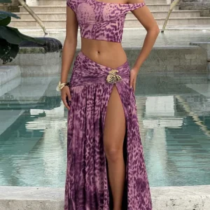 Patchwork 2 Piece Set Off Shoulder Crop Tops+Metal Flower Splits Long Skirts Elegant Style Suits