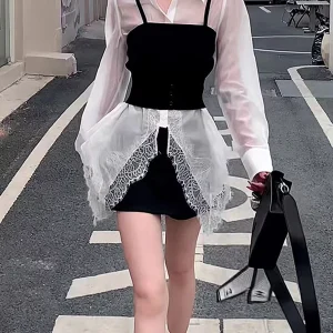 Patchwork Spliced Lace Long Sleeve Irregular Design Sense Shirts