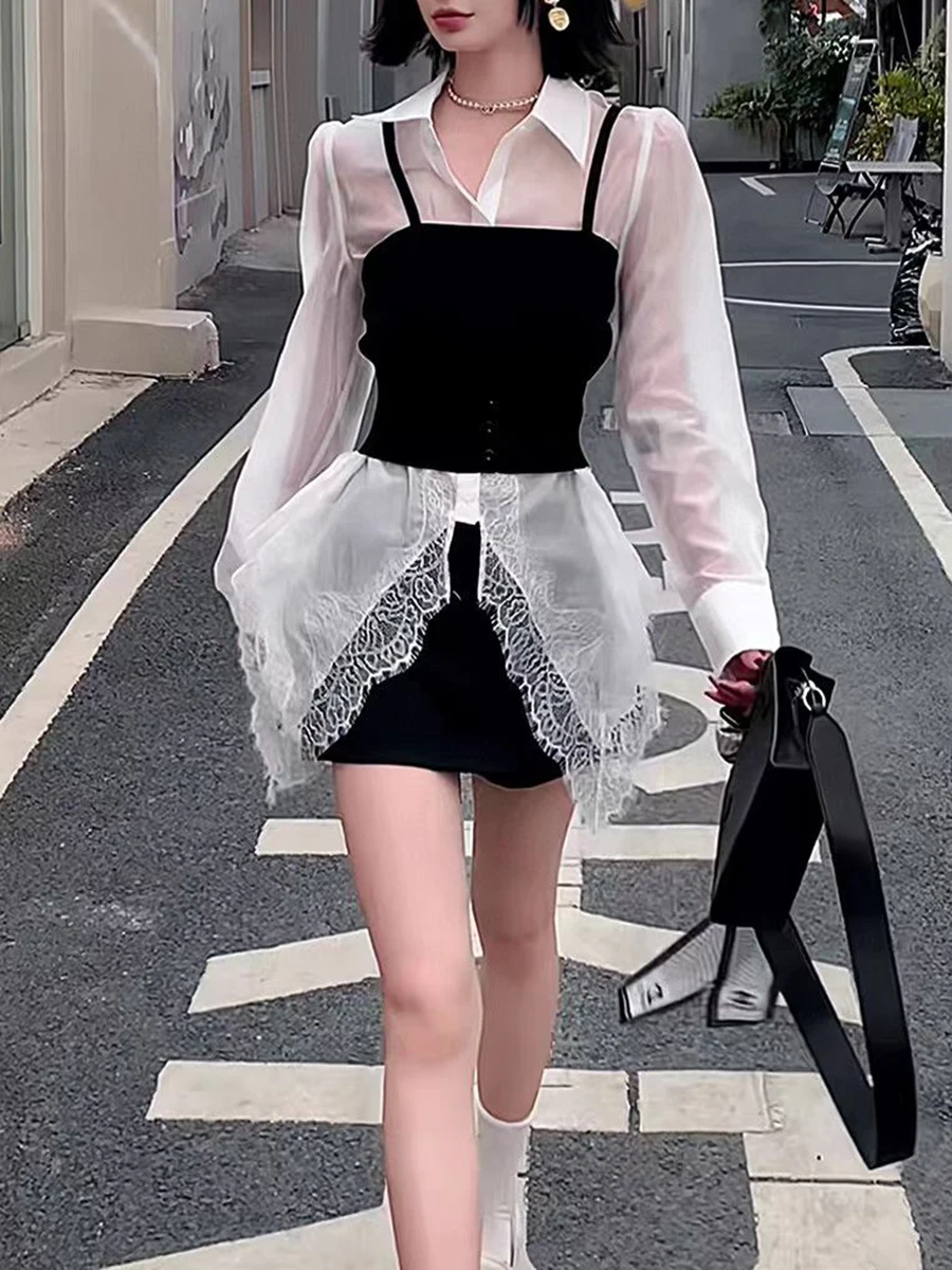 Patchwork Spliced Lace Long Sleeve Irregular Design Sense Shirts