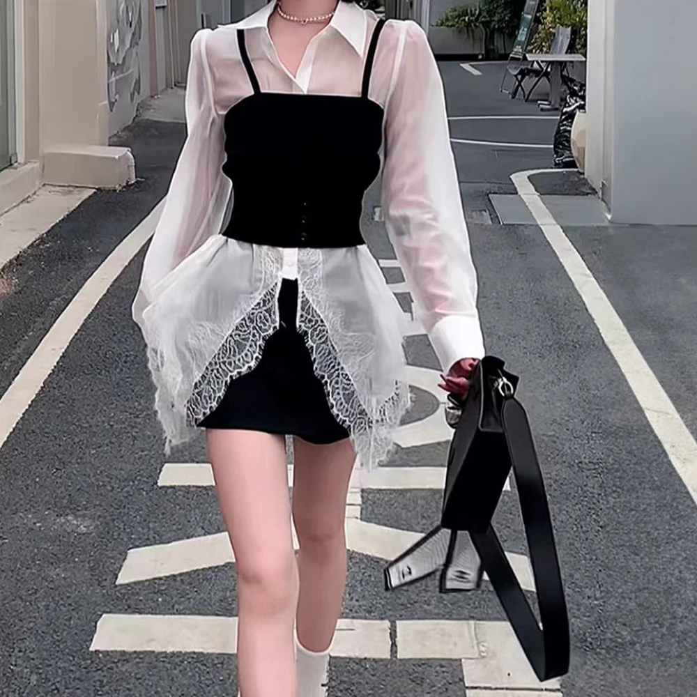 Patchwork Spliced Lace Long Sleeve Irregular Design Sense Shirts - Image 2