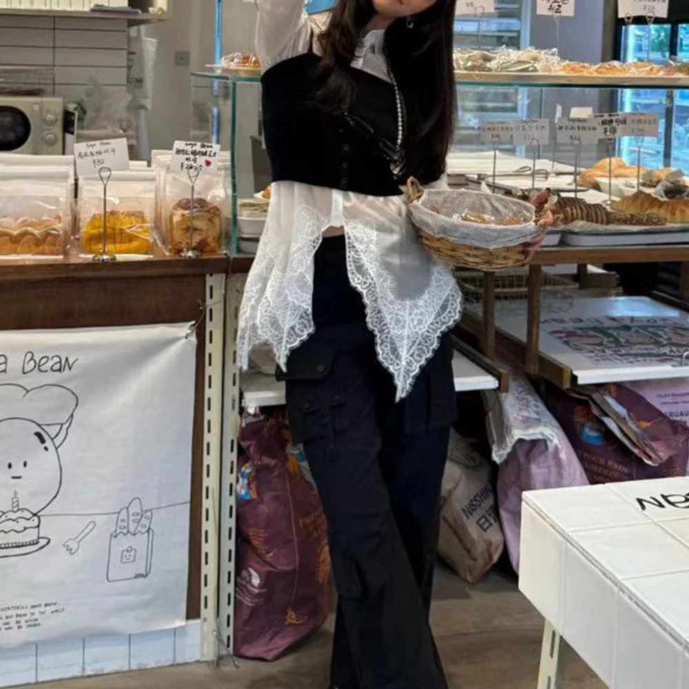 Patchwork Spliced Lace Long Sleeve Irregular Design Sense Shirts - Image 3