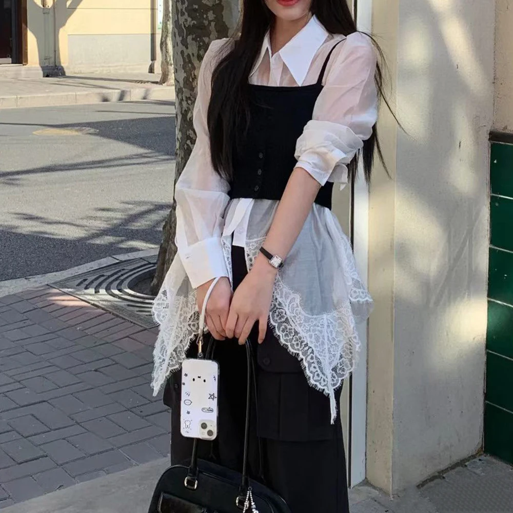 Patchwork Spliced Lace Long Sleeve Irregular Design Sense Shirts - Image 4