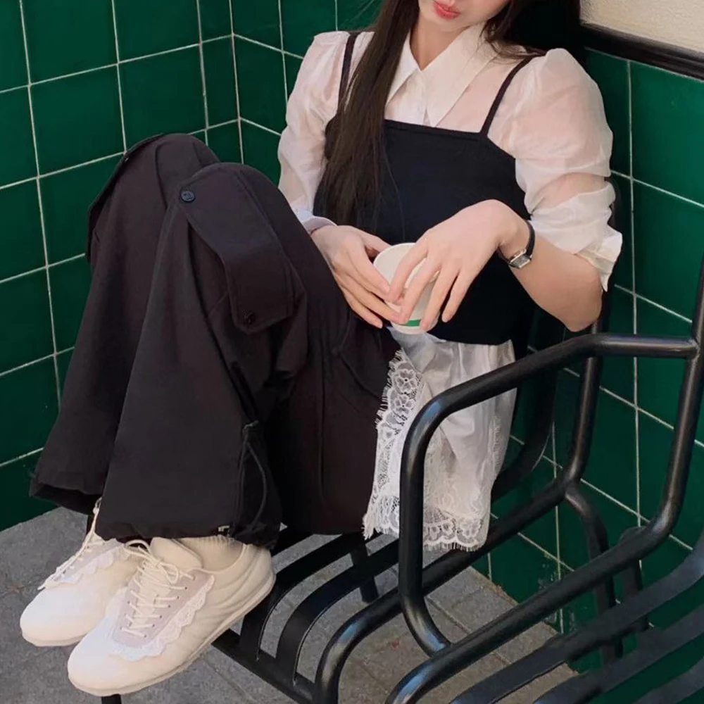 Patchwork Spliced Lace Long Sleeve Irregular Design Sense Shirts - Image 6