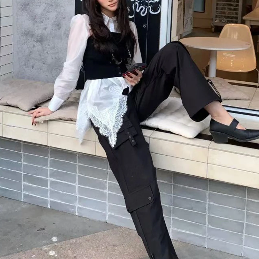 Patchwork Spliced Lace Long Sleeve Irregular Design Sense Shirts - Image 7