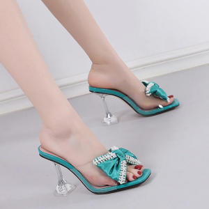 Pearl Bowknot Butterfly-knot PVC Transparent High Heels Sandals