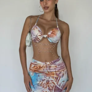 Pearl Chains Knot Wrap Tie Dye Print Halter Bandage Backless Skinny Party Mini Bodycon Dress