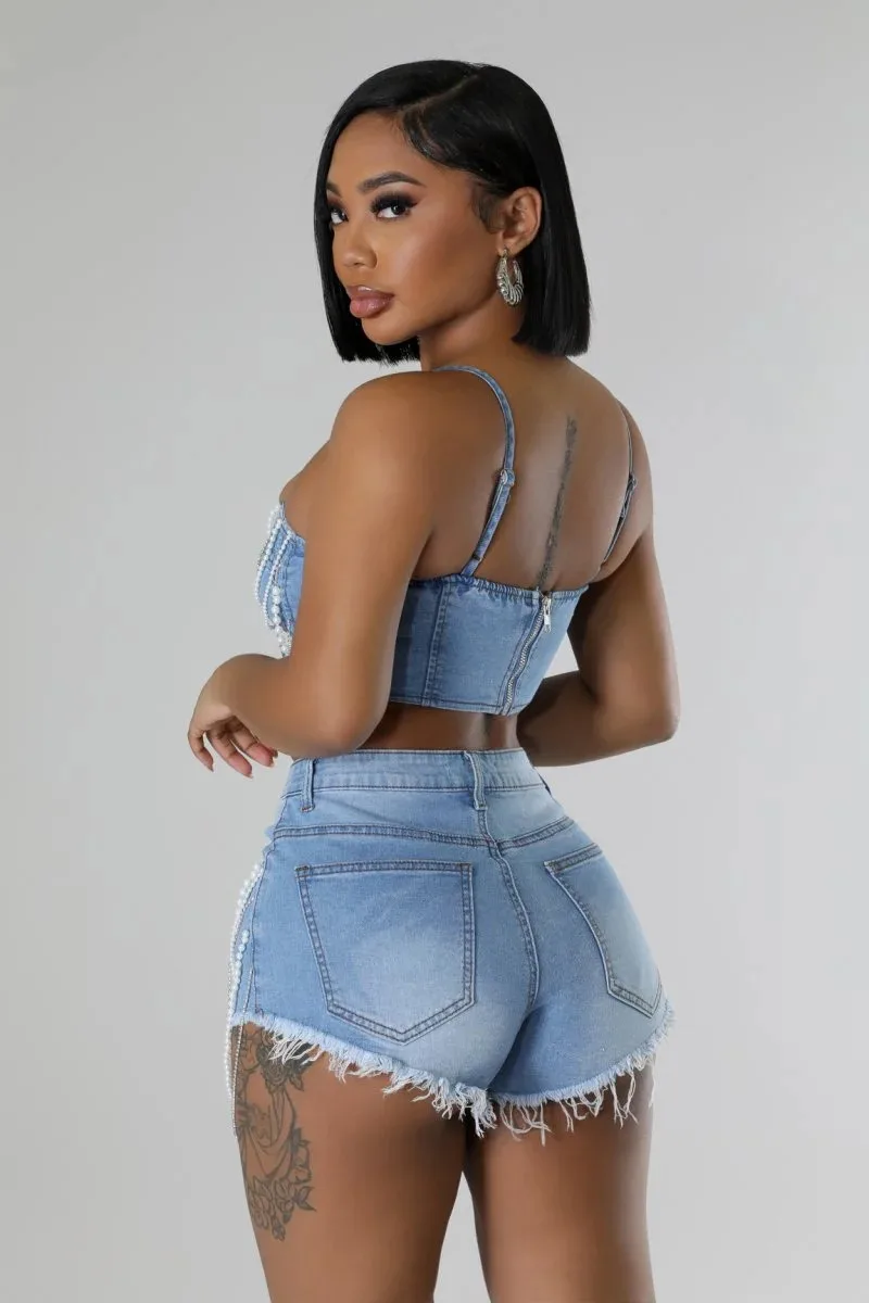 Pearl Diamond Chain Crop Camisole and Shorts Matching Party Club Denim 2 Piece Sets - Image 3