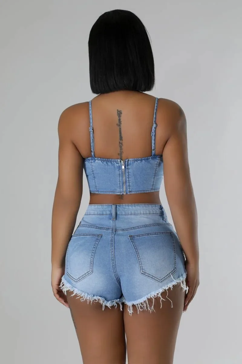 Pearl Diamond Chain Crop Camisole and Shorts Matching Party Club Denim 2 Piece Sets - Image 4