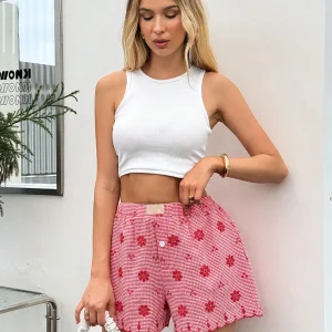 Plaid Button Front Ruffled Hem Casual Retro Beach Vacation Shorts